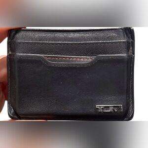 Tumi Black Leather Card Holder with Red Stitching